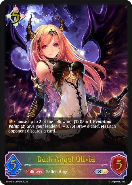 A fantasy trading card from the Reign of Bahamut series depicts "Dark Angel Olivia (BP02-SL19EN) [Reign of Bahamut]," a winged, pink-haired female character with horns, clad in dark and gold armor. Emitting a mystical aura against a dark backdrop, this Super Legendary card from Bushiroad boasts stats of 5/5 and abilities like gaining Evolution Points and drawing cards.