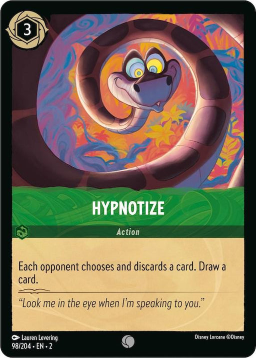 A Disney Lorcana card titled "Hypnotize (98/204) [Rise of the Floodborn]" from the 2023-11-17 Rise of the Floodborn set features a cartoon snake with a hypnotic gaze, coiled in a spiral pattern. This common card's action text reads: "Each opponent chooses and discards a card. Draw a card." Below, a quote says, "Look me in the eye when I değer veriyorum