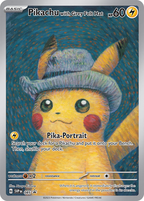 A Pokémon product featuring Pikachu with Grey Felt Hat (085) [Scarlet & Violet: Black Star Promos]. Pikachu is smiling against a background of greyish blue sparkles. The card has 60 HP, showcases the move "Pika-Portrait," and includes details like weakness to fighting type, illustrator, and Scarlet & Violet Black Star Promos series information.