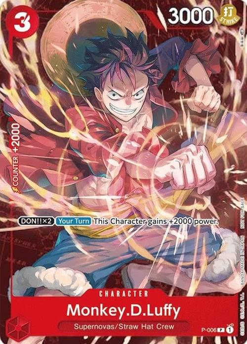 This promo trading card features Monkey D. Luffy from the Supernovas/Straw Hat Crew. Set against a red background, Luffy strikes an intense pose. With a power value of 3000 and a cost of 3, the text reads, "During Your Turn, this character gains +2000 power." A must-have for One Piece Promotion Cards collectors! The card is specifically the Monkey.D.Luffy (P-006) (Retail Promo) [One Piece Promotion Cards] by Bandai.