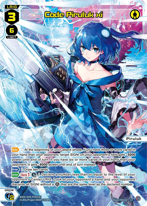 An illustrated card from the game "Wixoss" featuring an LRIG character named Piruluk. She has blue hair, wears a futuristic outfit, and wields digital elements. The card has a blue and pink color scheme, with various game stats including a level of 3 and a limit of 6. The specific product is called Code Piruluk xi (WXDi-D09-P04[EN]) [Super Diva Deck: Urith's MIASMA] by TOMY.