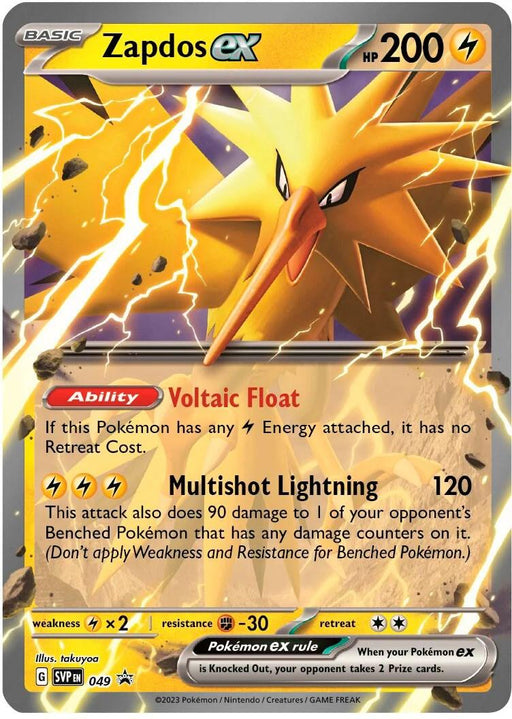 A Pokémon Zapdos ex (049) [Scarlet & Violet: Black Star Promos] card with 200 HP. The card features Zapdos, an orange and yellow bird with sharp wings and beak, boasting abilities like "Voltaic Float" and "Multishot Lightning." Part of the Scarlet & Violet Black Star Promos set, its design includes lightning-themed graphics detailing attacks and stats.