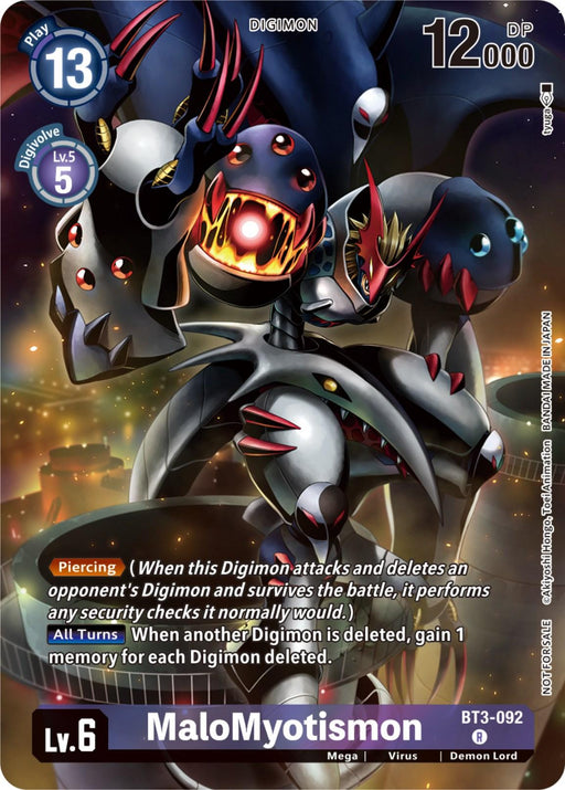 A Rare Digimon trading card from Special Booster Ver. 1.0 features MaloMyotismon [BT3-092] (Tamer Party Pack -The Beginning-) [Release Special Booster Ver. 1.0], a villainous Digimon with a dark red and black color scheme. Shown with large wings and multiple eyes, the card details include a play cost of 13, level 5 Digivolve cost, 12,000 DP, and special abilities against a dark and fiery backdrop.
