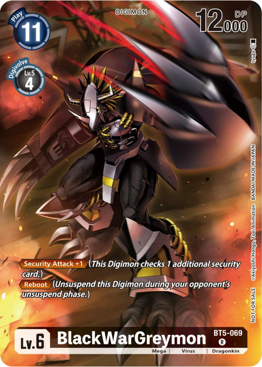 A rare Digimon trading card featuring BlackWarGreymon [BT5-069] (Tamer Party Pack -The Beginning-) [Battle of Omni Promos], a robotic dragon Digimon with black armor and red wings. The card shows it in an action pose with stats: Play Cost 11, Digivolve Cost 4, and 12000 DP. Special abilities include "Security Attack +1" and "Reboot." It's a Level 6 Mega Virus type from the Battle of Omni Promos series by Digimon.