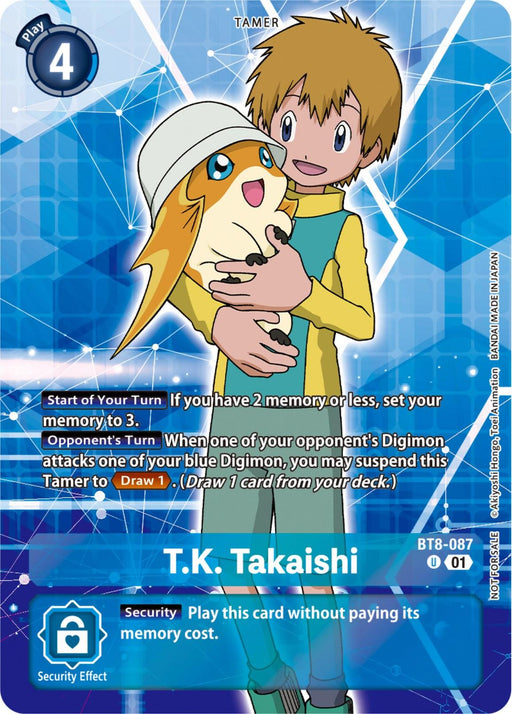 A Digimon card from the New Awakening series featuring T.K. Takaishi [BT8-087] (Tamer Party Pack -The Beginning-) [New Awakening], a skilled Tamer. T.K. is illustrated with blond hair, wearing a light green shirt and holding Patamon, his small white Digimon with orange ears. The card details include setting memory to 3, drawing cards, and a security effect to play it for free.