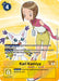 A Digimon card titled "Kari Kamiya [BT8-090] (Tamer Party Pack -The Beginning-) [New Awakening]" featuring a Tamer character standing next to a white, cat-like creature. The character wears a white and pink shirt, yellow shorts, and white shoes, with a pink whistle around their neck. The card includes memory usage instructions and security effects for the game.
