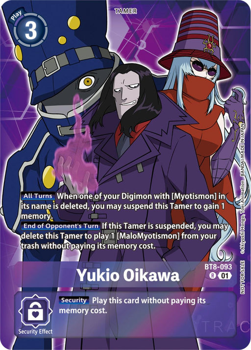 A Digimon card from the New Awakening series titled "Yukio Oikawa [BT8-093] (Tamer Party Pack -The Beginning-) [New Awakening]" shows a dark-clad man with long hair and a sinister expression, flanked by Myotismon and Malomyotismon. The card costs 3 to play and features effects that gain memory when a Digimon is deleted and allows deletion of the Tamer card under certain conditions.