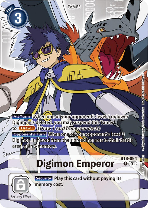 An image of a Digimon card titled "Digimon Emperor [BT8-094] (Tamer Party Pack -The Beginning-) [New Awakening]" from the New Awakening set, with a play cost of 3. The tamer card features an anime character in a purple suit and glasses, holding a staff, with a dragon-like Digimon beside him. It allows suspending the tamer, drawing cards, and gaining memory. Card number BT8-094.