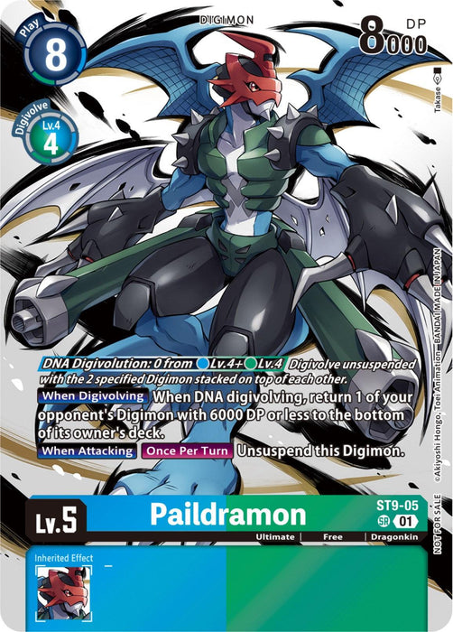 A Super Rare Digimon card featuring Paildramon [ST9-05] (Tamer Party Pack -The Beginning-) [Starter Deck: Ultimate Ancient Dragon] with a blue border displays the blue and green robotic dragon with red accents and clawed hands. The card stats include a Play cost of 8, Level 5, and a DP of 8000, listing DNA Digivolution details and abilities.