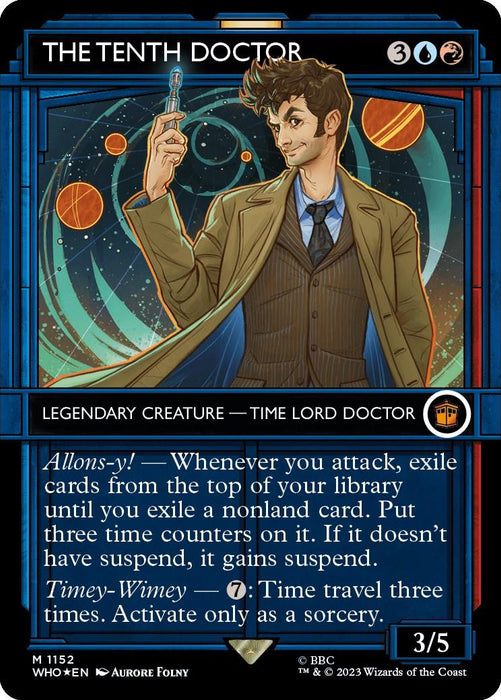 A Mythic Magic: The Gathering card titled "The Tenth Doctor (Showcase) (Surge Foil) [Doctor Who]." It depicts a man in a brown suit and blue tie holding a glowing object. The card's cost is 3UB and it's a Legendary Creature - Time Lord Doctor. Abilities include card exile for time counters and time travel. Power/toughness: 3/5.
