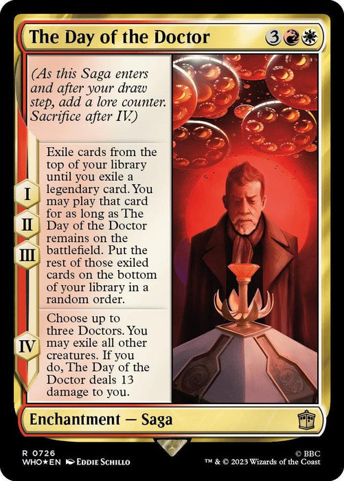 Image of a Magic: The Gathering card titled "The Day of the Doctor (Surge Foil) [Doctor Who]." This rare Enchantment Saga features 4 chapters with effects related to exiling cards, placing cards from the bottom of the library into exile, and dealing damage. An older man sits at a table on the right side of the image, reminiscent of Doctor Who.