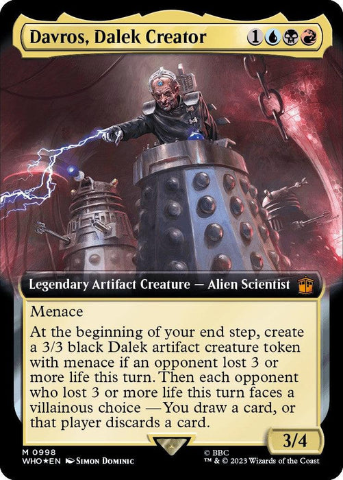 A Magic: The Gathering card titled "Davros, Dalek Creator (Extended Art) (Surge Foil) [Doctor Who]." The card features an image of Davros, a figure in a mechanical chair with a control panel. This Legendary Artifact Creature - Alien Scientist, boasts menace and includes end step effects and life-loss choices inspired by the Doctor Who universe.