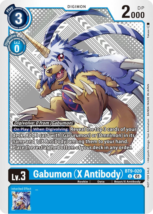 A digital trading card showcases Gabumon (X Antibody) [BT9-020] (Starter Deck 15 & 16 Pre-Release) [X Record] from the Digimon franchise. The card, part of a game, features Gabumon's image with detailed stats and abilities. This blue card has a "Play Cost" of 3, "DP" of 2000, "Lv.3 (Rookie)," and an inherited effect that references Garurumon.