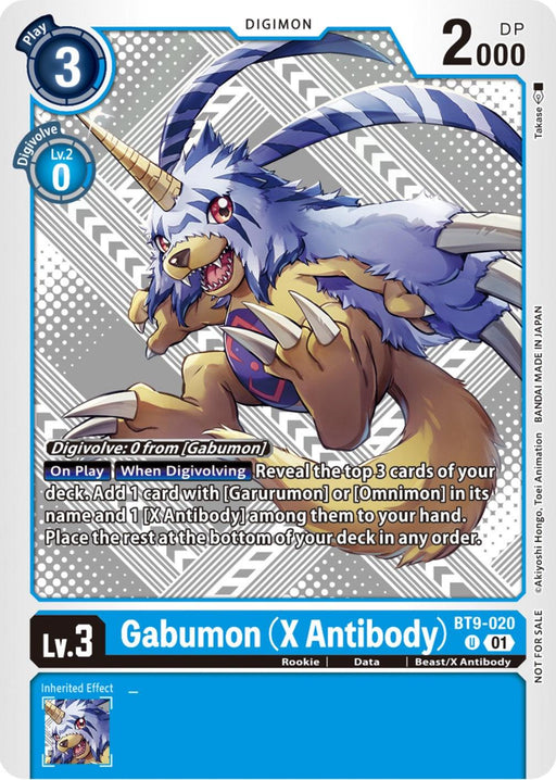 A digital trading card showcases Gabumon (X Antibody) [BT9-020] (Starter Deck 15 & 16 Pre-Release) [X Record] from the Digimon franchise. The card, part of a game, features Gabumon's image with detailed stats and abilities. This blue card has a "Play Cost" of 3, "DP" of 2000, "Lv.3 (Rookie)," and an inherited effect that references Garurumon.