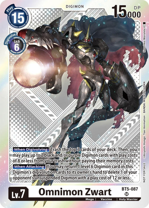 A Digimon trading card featuring Omnimon Zwart [BT5-087] (Starter Deck 15 & 16 Pre-Release Winner) [Battle of Omni Promos], a Level 7 Mega Digimon with 15,000 DP. The card has a white and gray background with intricate patterns. This Super Rare Digimon is depicted as a formidable, armored Holy Warrior wielding large weapons. The card number is BT5-087 from the Battle of Omni Promos.