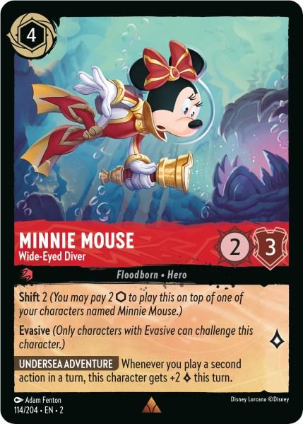 A **Disney Lorcana** trading card from the "Rise of the Floodborn" series featuring Minnie Mouse, titled "**Minnie Mouse - Wide-Eyed Diver (114/204) [Rise of the Floodborn]**." She is holding a golden trumpet and is depicted underwater with fish surrounding her. The card details include a cost of 4, strength of 2, and willpower of 3. Special abilities are Shift 2, Evasive, and Undersea Adventure.