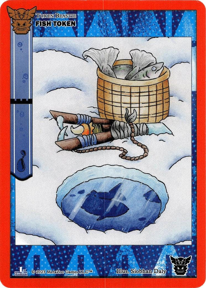 An illustrated card depicts a basket of fish near an ice fishing hole on a snow-covered surface. Next to the basket are a pair of wooden ice skates. The card is bordered in red with blue accents and text labels it as Fish Token [Native: First Edition] from Metazoo. The artist is credited as Siobhan Daly.