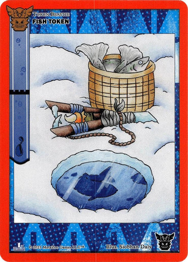 An illustrated card depicts a basket of fish near an ice fishing hole on a snow-covered surface. Next to the basket are a pair of wooden ice skates. The card is bordered in red with blue accents and text labels it as Fish Token [Native: First Edition] from Metazoo. The artist is credited as Siobhan Daly.