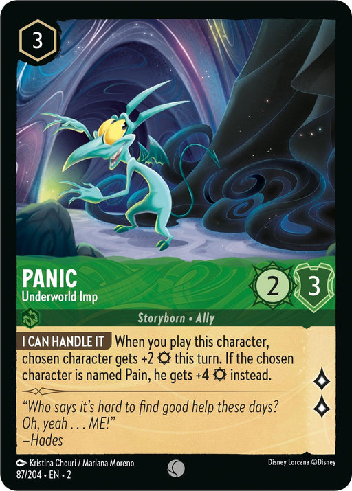 A Disney Lorcana trading card named "Panic - Underworld Imp (87/204) [Rise of the Floodborn]" featuring an Underworld Imp character with a green, lanky body and long tail. The card shows stats of cost 3, willpower 3, and strength 2. Set against a dark, intimidating background with swirling blue and green colors, this Rise of the Floodborn card stands out.