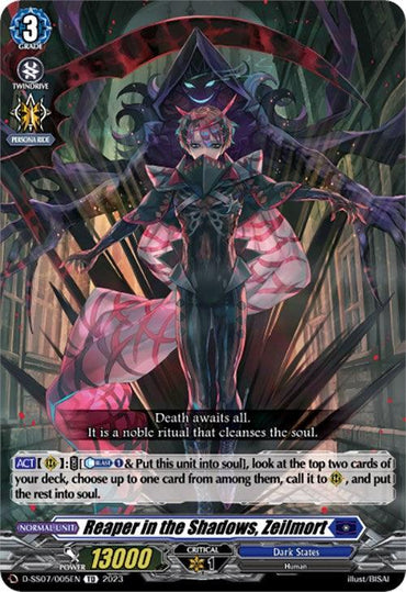 A fantasy-themed card titled "Reaper in the Shadows, Zeilmort (D-SS07/005EN)" from a card game by Bushiroad [Trial Deck 7: Descendants of the Marine Emperor]. The card features a sinister figure shrouded in black and dark pink robes, wielding a staff. The background depicts the Dark States' ominous realm. Detailed stats and abilities are written at the bottom with a power level of 13000.