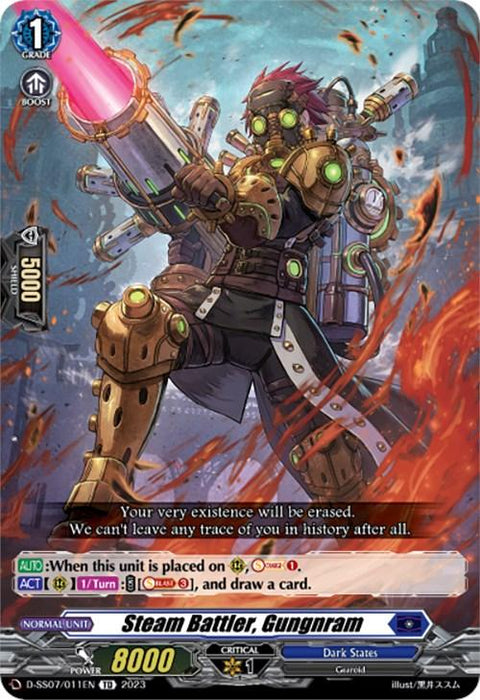 A heavily armored, steampunk-inspired warrior from the Dark States wields a glowing, futuristic gun amidst a fiery, debris-filled battlefield. Dressed in bronze and green armor with various gears and tubes, they stand poised for action. Card details such as power (8000) and Guard (5000) are displayed below the Bushiroad product "Steam Battler, Gungnram (D-SS07/011EN)" from [Trial Deck 7: Descendants of the Marine Emperor].