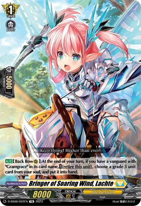 A card illustration featuring a character named "Bringer of Soaring Wind, Lachte (D-SS06/022EN) [Trial Deck 6: Resonance of Thunder Dragon]" from Bushiroad. The character has pink hair, blue eyes, and is dressed in silver armor with teal accents. They wield a lance and ride a mechanical bird. Text details the card's abilities and features a power rating of 8000.