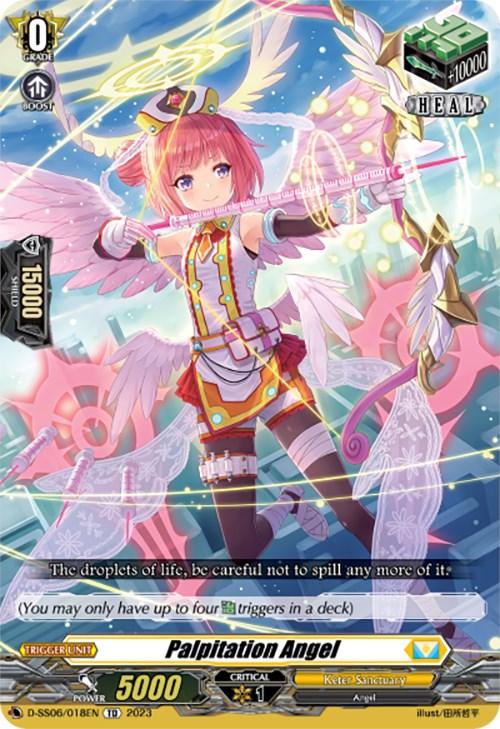 A fantasy card featuring Palpitation Angel, an angelic character with pink hair and yellow eyes from Keter Sanctuary. She wears a white and gold outfit with wings and a halo, holding a bow with a glowing arrow. The vibrant background swirls in green, blue, and pink hues. Text at the bottom provides her stats and abilities. The card is named 