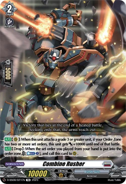 Image of a trading card for the game "Cardfight!! Vanguard" featuring a mech named "Combine Rusher (D-SS08/021EN) [D-SS05: Festival Booster 2023]" from Bushiroad. The heavily armored mech, adorned with glowing yellow accents and emitting sparks, showcases various statistics and abilities in small text boxes.