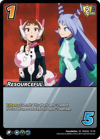 A collectible trading card, "Resourceful [Jet Burn]," features two animated characters. The character on the left has short brown hair and wears a white and pink hero costume. The character on the right, with long blue hair, is in a turquoise and purple outfit. This UniVersus Starter Deck Exclusive card includes stats and abilities.