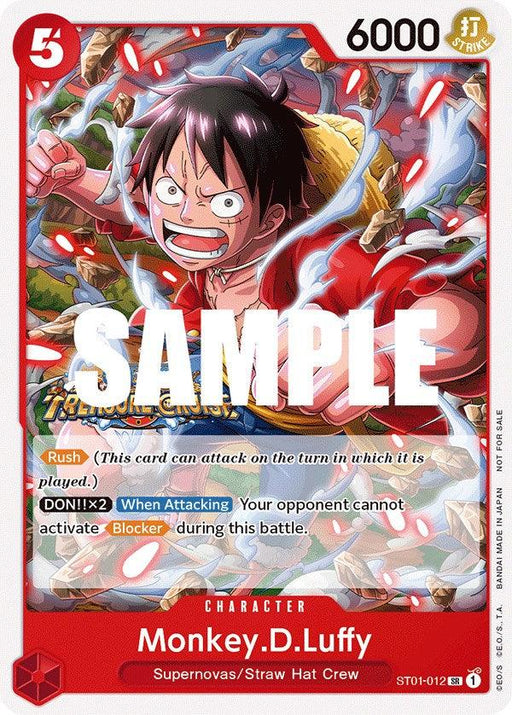 A trading card featuring Monkey.D.Luffy (Tournament Pack Vol. 5) [One Piece Promotion Cards] from Bandai. The card has a red border and shows Luffy in his classic straw hat, smiling with a determined expression and surrounded by white energy lines. The Super Rare card details his abilities and stats, with "SAMPLE" overlaid in bold white letters.