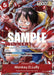 A super rare character card featuring Monkey.D.Luffy from the Supernovas/Straw Hat Crew. This Monkey.D.Luffy (Winner Pack Vol. 5) [One Piece Promotion Cards] by Bandai has a red border and displays "5" and "6000". Luffy is shouting with clenched fists. The text includes "SAMPLE," "WINNER," and various game-related abilities.