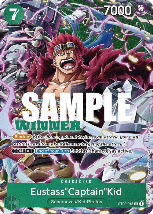 A trading card features the character "Eustass 'Captain' Kid" from the Supernovas/Kid Pirates. This super rare Eustass"Captain"Kid (Winner Pack Vol. 5) [One Piece Promotion Cards] by Bandai showcases a muscular figure with red hair and mechanical arm parts. Text indicates abilities and game instructions. The card is marked "Sample" and "Winner" in green.