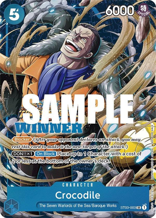 Trading card featuring an illustration of the *One Piece* character Crocodile from "The Seven Warlords of the Sea/Baroque Works." This Super Rare card shows him laughing in an elaborate coat. With a power of 6000, a cost of 5, and abilities like “Blocker” and “DON!! x1,” it’s a gem among Bandai's One Piece Promotion Cards: **Crocodile (Winner Pack Vol. 5) [One Piece Promotion Cards]**.