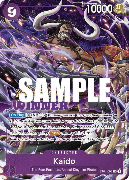 A trading card featuring "Kaido (Winner Pack Vol. 5) [One Piece Promotion Cards]" from Bandai. The character card showcases a powerful figure with a menacing expression, wielding a spiked club, surrounded by purple lightning. Text on the card includes game instructions and character details. The top has "SAMPLE" and "WINNER" in bold letters.