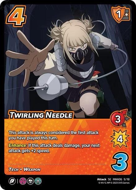 Card from UniVersus featuring a character with blonde hair in a ponytail, wearing a mask and white tech armor while lunging forward with a needle weapon. The card has numbers "4" and "1+" at the top. Text reads: "Twirling Needle [Jet Burn], Enhance: If this attack deals damage, your next attack gets +2 speed.