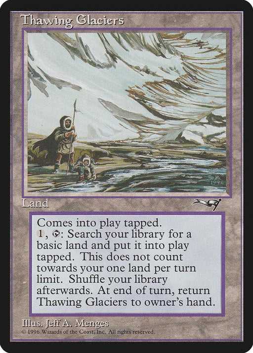 A Magic: The Gathering product from the Alliances set, "Thawing Glaciers [Alliances]" is a Rare Land. It features an illustration of two figures standing before a melting glacier with flowing water. The rules text describes how to search for a basic land and return Thawing Glaciers [Alliances] to the owner's hand.