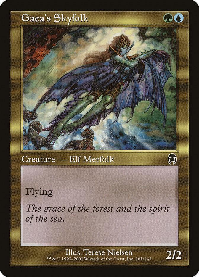 A Magic: The Gathering card titled Gaea's Skyfolk [Apocalypse] with a green-blue mana cost. It features an illustration of an Elf Merfolk creature with wings, flying in a stormy sky, evoking the Apocalypse. The card text reads: 