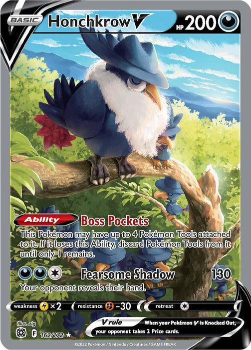 The ultra-rare Pokémon card titled "Honchkrow V (162/172) [Sword & Shield: Brilliant Stars]" from the Pokémon series features a large, dark blue bird with a white crest and hat-like tuft of feathers. Perched on a branch overlooking a field, it boasts 200 HP and abilities "Boss Pockets" and the darkness-inflicted "Fearsome Shadow," dealing 130 damage.
