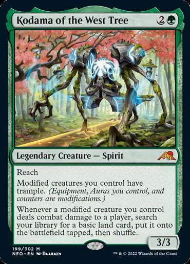 The image is a Magic: The Gathering card titled "Kodama of the West Tree [Kamigawa: Neon Dynasty]." It features an otherworldly tree-like spirit with multiple glowing blue eyes. With Reach and the ability to modify creatures for trample, it excels in combat damage. Part of the NEO set, by artist DAarken, it boasts 3/3 power and toughness.