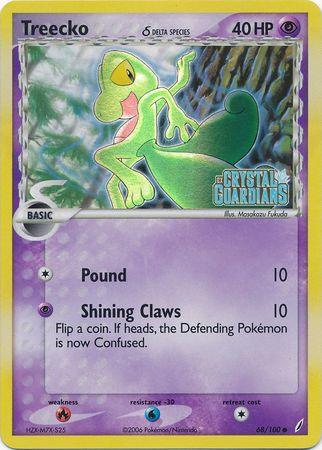 A Treecko (68/100) (Delta Species) (Stamped) [EX: Crystal Guardians] card from the EX: Crystal Guardians series by Pokémon. This Common card features artwork by Masakazu Fukuda. Treecko has 40 HP and is of Delta Species. Its two moves are "Pound" and "Shining Claws." The card, numbered 48 out of 100 and dated 2006, brings a touch of Psychic allure to your collection.