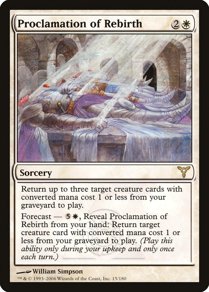 The Proclamation of Rebirth [Dissension] card from Magic: The Gathering costs 2 generic and 1 white mana. This sorcery card features artwork depicting a figure extending a proclamation over three resting soldiers, and it has the ability to return target creature cards with low mana cost from the graveyard to play.