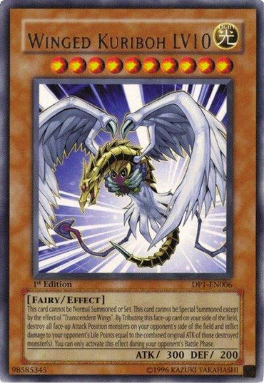 A "Yu-Gi-Oh!" trading card for Winged Kuriboh LV10 [DP1-EN006] Rare from Duelist Pack 1. The card, wielded by Jaden Yuki, displays an illustration of a winged creature with a golden helmet, white feathered wings, and a serpentine body. This 1st Edition Effect Monster boasts ATK: 300 and DEF: 200.