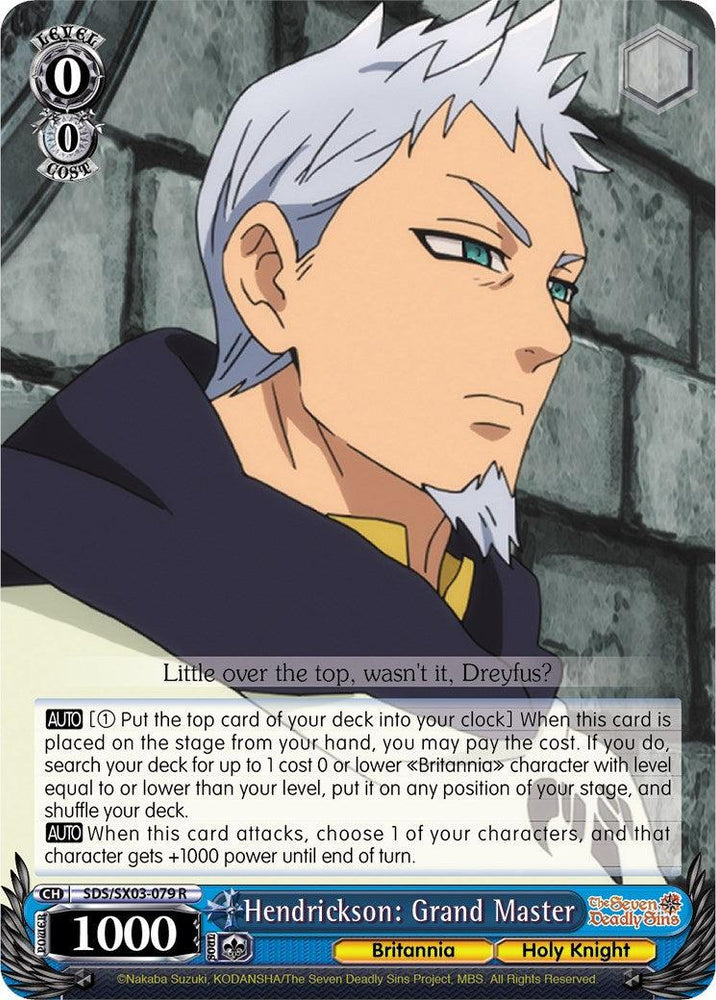 A "Hendrickson: Grand Master (SDS/SX03-079 R) [The Seven Deadly Sins]" card from Bushiroad. The rare card depicts a man with white hair and a stern expression, dressed in a black and yellow outfit. Set in the world of Britannia, it contains various game stats and abilities in detailed text at the bottom.