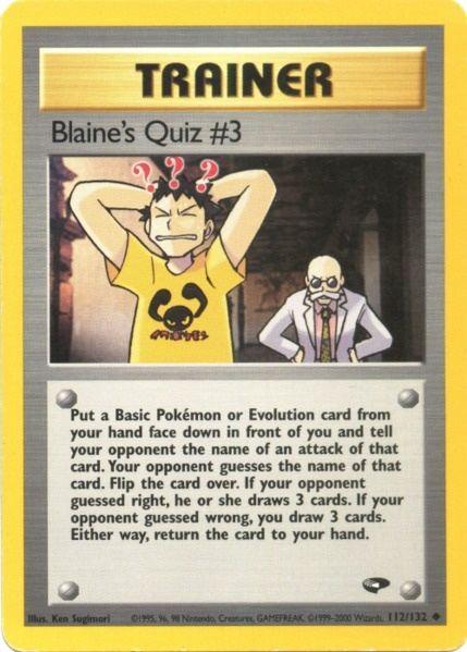 An uncommon Pokémon trading card titled "Blaine's Quiz #3 (112/132) [Gym Challenge Unlimited]." It features Blaine, an elderly Trainer with glasses and a mustache, reading a book while a shocked man wearing a yellow shirt with a Mankey silhouette holds his head. The card's instructions and text are displayed beneath the illustration.