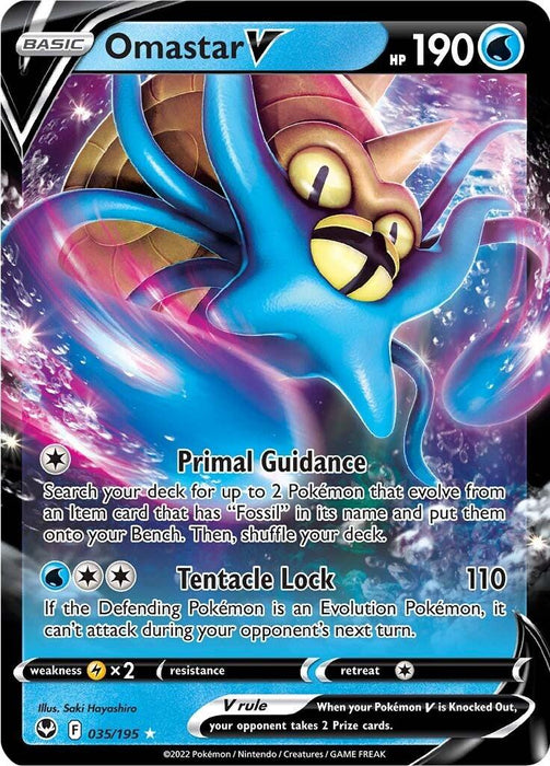 A Pokémon trading card features Omastar V (035/195) [Sword & Shield: Silver Tempest] with 190 HP. This Ultra Rare card shows Omastar, a blue, tentacled creature with a shell. It includes moves Primal Guidance and Tentacle Lock. The bottom displays standard elements: artist (Saki Hayashiro), set information from Sword & Shield: Silver Tempest, and the Pokémon V rule. Weakness is Grass x2