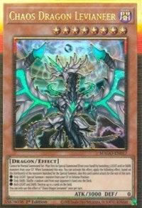 The "Yu-Gi-Oh!" trading card "Chaos Dragon Levianeer [MAGO-EN017] Gold Rare" features a formidable Effect Monster adorned with glowing green eyes and intricate, twisting armor, all enveloped in ethereal blue energy. This Gold Rare card showcases the monster's stats at 3000 ATK and 0 DEF, with its effect description displayed in a text box beneath the image.