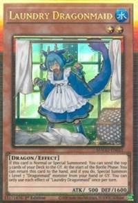 The image features the "Laundry Dragonmaid [MAGO-EN021] Gold Rare" Yu-Gi-Oh! trading card from the Maximum Gold series. This Effect Monster showcases a blue-haired dragonmaid in a blue and white maid outfit, standing in front of a window with lush green scenery outside. The card's stats and abilities are detailed in text boxes at the bottom.