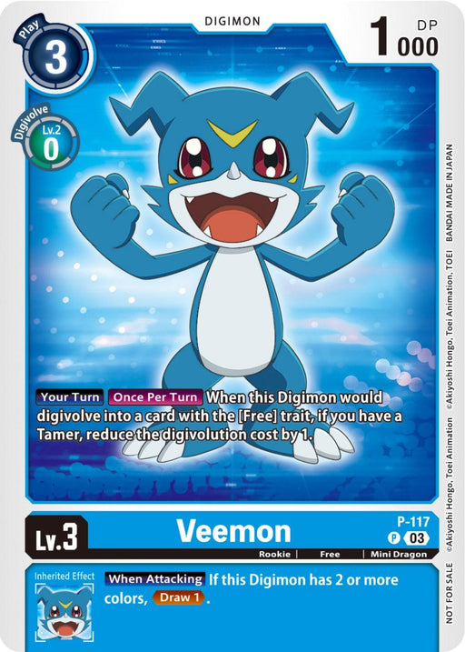 A promotional card from the Digimon series, Veemon [P-117] (NYCC 2023 Demo Deck) [Promotional Cards], showcases Veemon, a small blue dragon-like character with a V symbol on its forehead and a white belly. This promo card provides information on its level (Lv. 3), types (Rookie, Free, Mini Dragon), and special abilities, including drawing a card when attacking if Veemon has two or more colors.