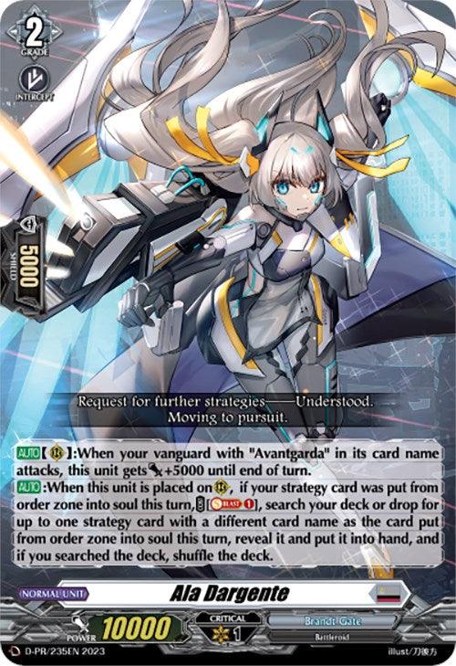 Ala Dargente (D-PR/235EN) [Promo Cards] from Bushiroad is a Promo Rare card from the D-Premium format in "Cardfight!! Vanguard." Hailing from the Brandt Gate clan, she displays a fantasy-style female character with long white hair and blue accents. Wielding a futuristic weapon and adorned in detailed armor, the card text and stats appear at the bottom.