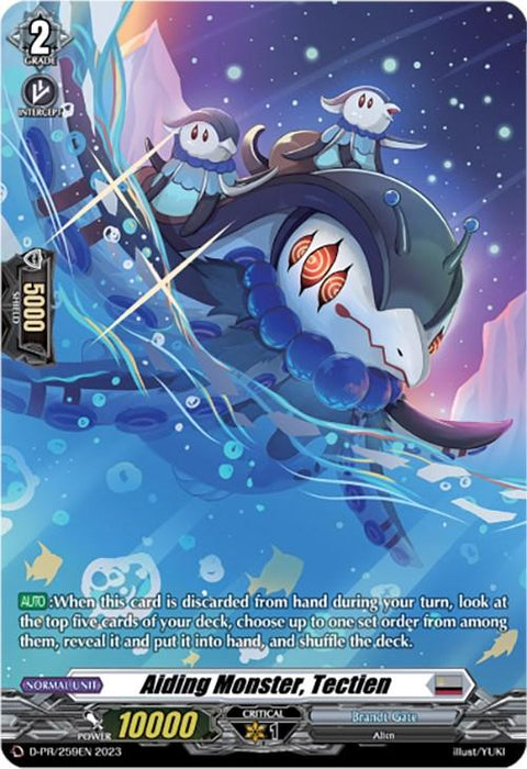 A trading card featuring "Aiding Monster, Tectien (D-PR/259EN) [Promo Cards]." The Promo Rare card, by Bushiroad, displays an aquatic creature adorned with blue scales and numerous white eyes. Small, ghost-like figures float around it. The background showcases an underwater setting with bubbles. As part of the Brandt Gate series, the card has various stats and abilities listed.